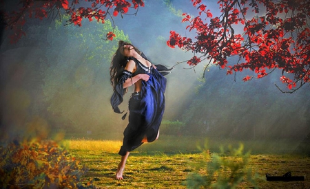 lovely - forest, leaves, tree, female, girl, nature, blue