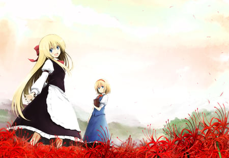 Touhou - flowers, girls, anime, dress, cute, sky