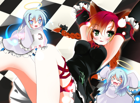 Touhou - black, anime, white, girl, cute, angel, cat, kitty