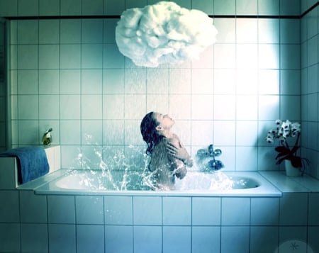 Rainny bath - clouds, tub, abstract, rain, girl, bath, splash, photomanipulation