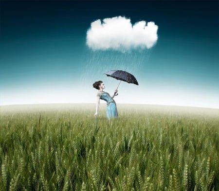 I'ts rainny again - photomanipulation, rain, clouds, field, girl, umbrella, abstract, grass