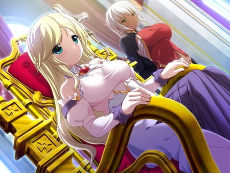 Queen of Beauty - girls, yellow eyes, sexy, blue eyes, long hair, kawai, game cg, cool, blonde hair, revolving summoner, anime, cute, dress, white hair