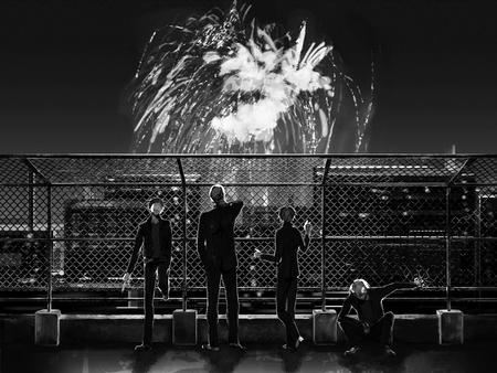 Fireworks - anime, durarara, heiwajima shizuo, orihara izaya, male, glasses, kishitani shinra, monochrome, fireworks