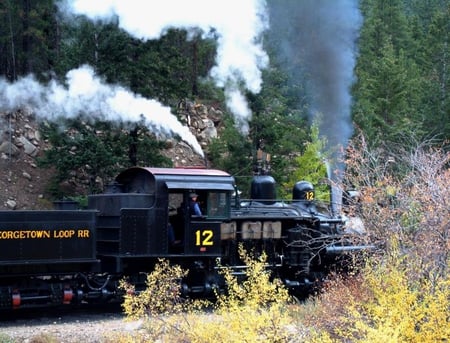 Geogetown 1920's Steam Powered Train - train, engine, steam, trees