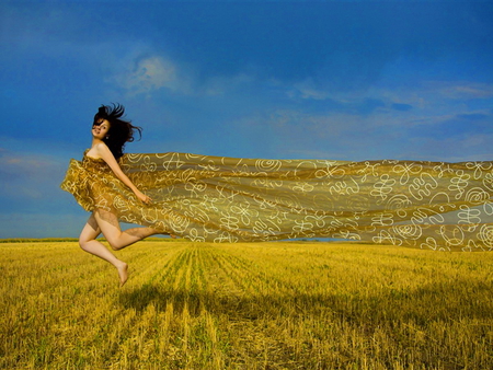 Jump of joy - sunny, girl, joy, vail, lady, jump, field, golden, sky