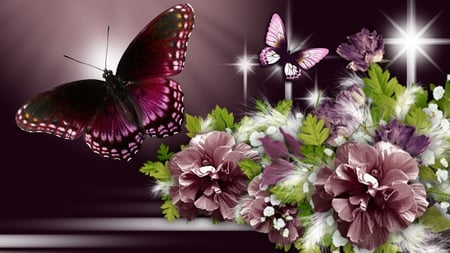 Mauve on Wine - stars, feathers, light, wine, glow, bright, mauve, butterfly, flowers, firefox persona