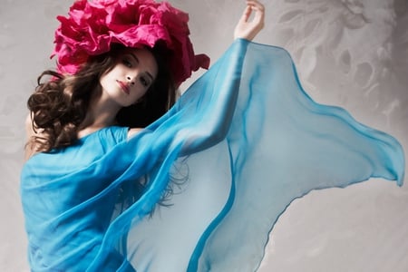 Feel the touch of it - hat, touch, veil, soft blue dress, tenderness, curly hair, beauty, flowers, hand, beautiful lady, face, softness