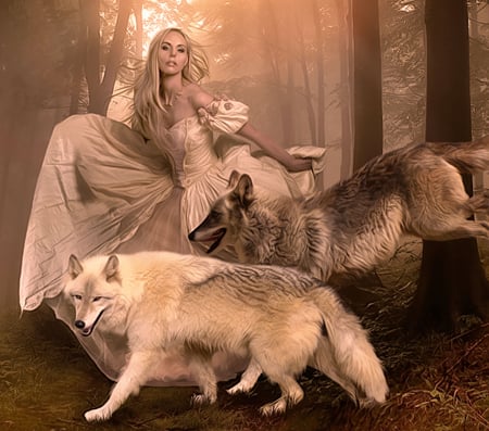 Girl with Wolves - abstract, girl, fantasy, wolves