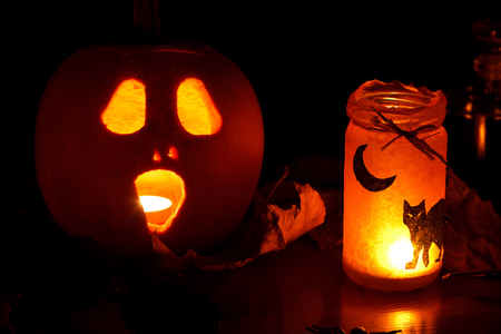 Thriller night... - black cat, fashion, entertainment, moon light, pumpkin, darkness, lantern, autumn, lights, scary face, halloween