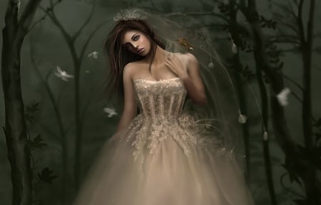 Fantasy Bride - bird, bride, beautiful, dress, girl, beauty, forest, cg, fantasy, woman, butterfly