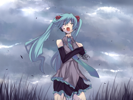 Hatsune Miku - outfit, virtual, miku, digital, vocaloids, song, grass, microphone, uniform, singer, gray, stormy, cool, headphones, awesome, vocaloid, thighhighs, anime, twintail, blue, cg, storm, clouds, skirt, singing, aqua hair, hatsune, black, cute, beautiful, girl, anime girl, white, program, aqua eyes, artistic, pretty, aqua, thigh highs, beauty, art, diva, twin tail, sky, nice, tie, idol, headset, music, hatsune miku