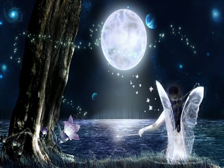 MOONLIT FAIRY - wings, moon, fairy, female, night