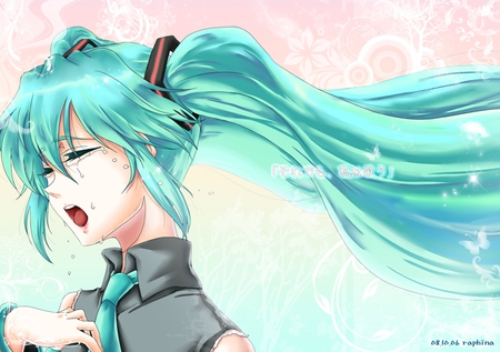 Hatsune Miku - virtual, closed eyes, miku, digital, vocaloids, song, uniform, singer, gray, cool, awesome, vocaloid, anime, twintail, blue, cg, aqua hair, tears, hatsune, black, beautiful, girl, anime girl, crying, white, program, aqua eyes, artistic, aqua, beauty, art, diva, twin tail, nice, tie, idol, music, hatsune miku