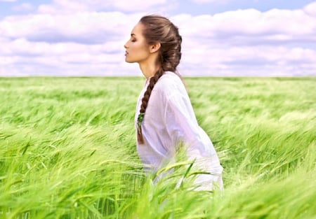 imagine - white, female, green, model, grass, field, lovely