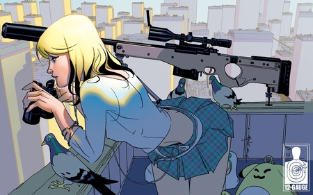 Modern Sniper - beautiful, blonde, hot, gun, girl, eyes, babe, blond, lady, lips, woman, face, sniper, drawing, art, legs, skirt, sexy, hair