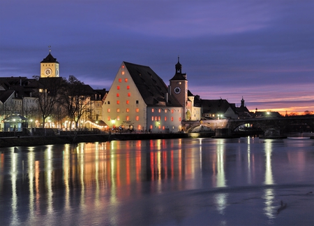 Regensburg Illumination - bavaria, town, beautiful, city, night, reflection, village, river, germany, regernsburg