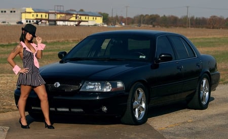 Marby and the Marauder - legs, brown, eyes, dress, car, marauder, face, brunette, heels, hat, beautiful, hot, girl, hair, mercury, lips, babe, lady, woman, sexy, marby