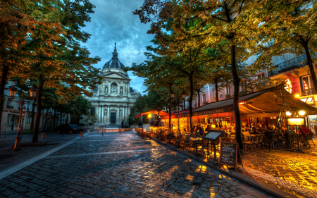 Beautiful Evening - pretty, sorbonne, romantic, cafe, romance, terrace, night, umbrella, hdr, balcony, way, house, lanterns, road, city, francia, beauty, colors, architecture, university, nature, lights, building, alley, people, evening, splendor, walk, leaves, paris, car, view, streetscape, france, famous, houses, sky, clouds, trees, beautiful, buildings, lovely, lantern, tree, street, colorful, peaceful, restaurant