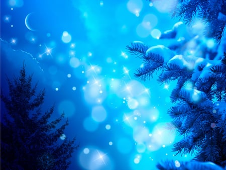 Magic Night - beauty, bokeh, sky, magic night, trees, magic, peaceful, fantasy, amazing, view, pretty, clouds, tree, moon, stars, blue night, winter, lovely, nature, snow, blue, beautiful, splendor