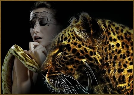 Friends ? - woman, leopard, abstract, snake, manipulation, 3d