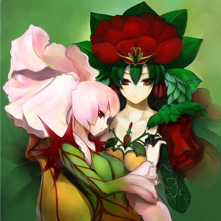 Anime - flowers, anime, red, green