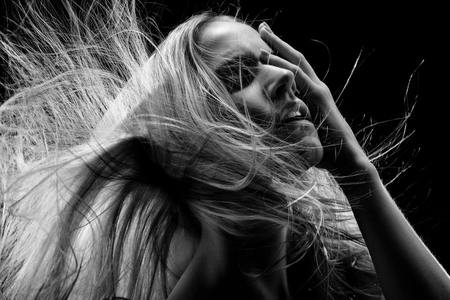 PORTRAIT - woman, face, emotions, portrait, hair, photography, bw