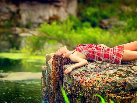 Just relax - lady, girl, water, enjoying, nature, lond hair, river, rest, relax