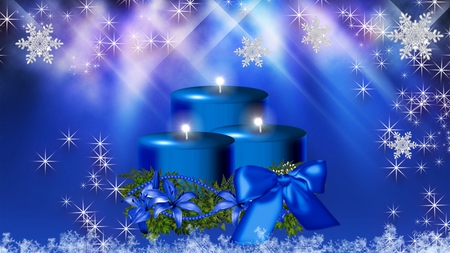 Blue Winter Candles - stars, winter, snowflakes, shine, christmas, glow, flame, bright, snow, blue, firefox persona