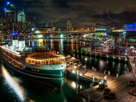 sydney-port - boats, beautiful, view, lights, landscape, sea, port, night