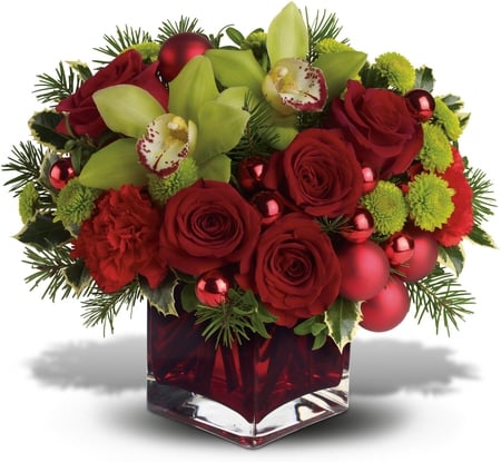 ~â™¥~ Elegant Wishes ~â™¥~ - red cube, bouquet, christmas, faith, fresh, elegant, red roses, gorgeous, balls, light, fashion, magnificent, centerpiece, love, believe, hope, entertainment