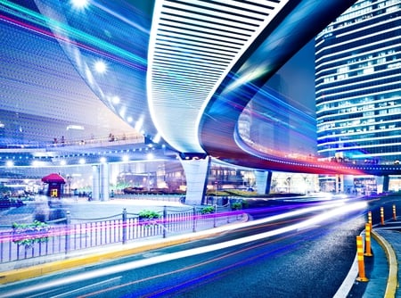 bright blue city - neon, abstract, photography, city, highway