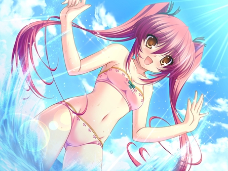 girl on the beach - beach girl, pink, bikini, loli, cute, heaven, happy