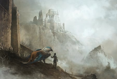 Early Morning - misty, conceptual, fantasy, painting, digital art, gryphon, mountain, castle