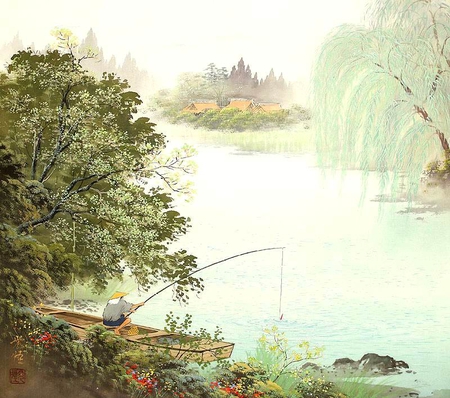 Koukei Kojima. Fisher - koukei kojima, river, fisher, nature, painting, art