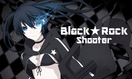 black Rock Shooter - miku hatsune, shooter, rock, hatsune miku, tiles, black rock shooter, black, white, miku, hatsune, background, monochrome, black and white background