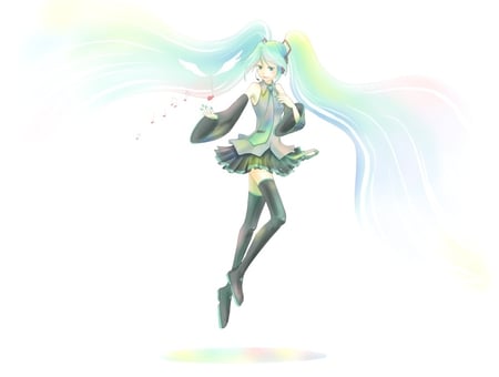 Hatsune Miku - aqua, thigh highs, headset, heart, thighhighs, music, anime girl, stockings, white, art, cool, aqua eyes, artistic, hatsune miku, skirt, leggings, song, vocaloids, program, vocaloid, beautiful, uniform, diva, beauty, nice, twintail, singer, aqua hair, black, virtual, pretty, idol, anime, miku, cute, twin tail, girl, cg, hatsune, microphone, blue, headphones, tie, awesome, digital, gray, outfit, flower