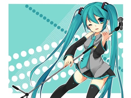 Hatsune Miku - aqua, thigh highs, thighhighs, music, anime girl, stockings, white, art, cool, aqua eyes, artistic, hatsune miku, skirt, leggings, song, vocaloids, program, vocaloid, beautiful, uniform, diva, beauty, nice, twintail, aqua hair, singer, black, virtual, pretty, idol, anime, wink, miku, cute, twin tail, girl, cg, hatsune, microphone, blue, tie, awesome, digital, gray, outfit