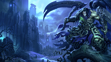 Darksiders - darksiders, scythe, bird, game, orange eyes, buildings, gravestones, armour, armor, mask, weapon, games, video games, castle, video game, gloves