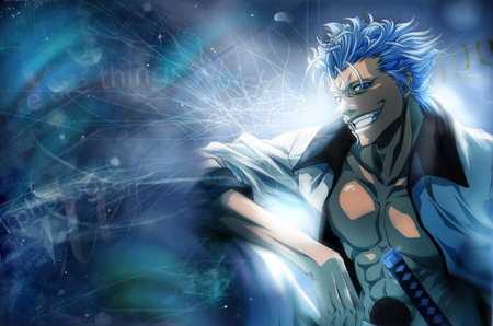 Grimmjow Jeagerjaques - anime, blue, sword, weapons, short hair, smile, bleach, blue hair, grimmjow jeagerjaques, grimmjow, blue eyes