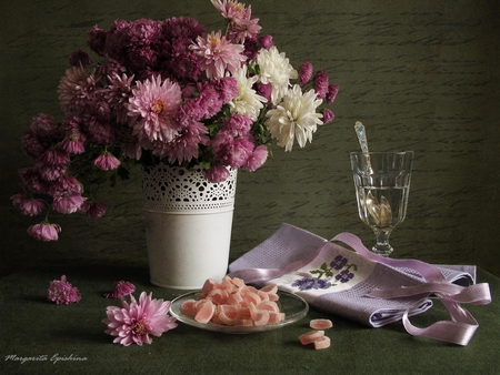 still life - pretty, elegantly, chrysanthemums, romantic, amazing, great, pink, photo, flowers, purple, ribbon, nice, vase, delicate, water, beautiful, photography, letter, beauty, colors, lovely, cool, still life, flower, bouquet, harmony, soft, autumn, chrysanthemum, candy, cup