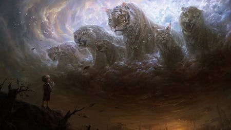 imagination - artistic, boy, abstract, lions, fantasy, tigers, cat, animals