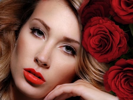 Lips - woman, she, lips, female, roses, romantic, pretty, red, beautiful, brunette, sweet, color, look