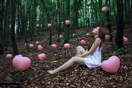 pink heart balloon2 - heart, balloon, girl, forest, lovely, pink, others, model, nice