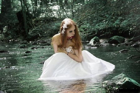 lost in paradise - white, fantasy, water, river, female, trees, abstract