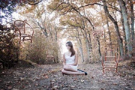 levitate - forest, abstract, girl, white, chairs, levitate, nice, trees, nature