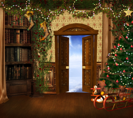 Christmas dream - pretty, star, room, home, door, holiday, merry christmas, nice, tinsel, decoration, beautiful, photography, beauty, lovely, cool, bears, tree, harmony, christmas, bear, fantasy, christmas tree, sled