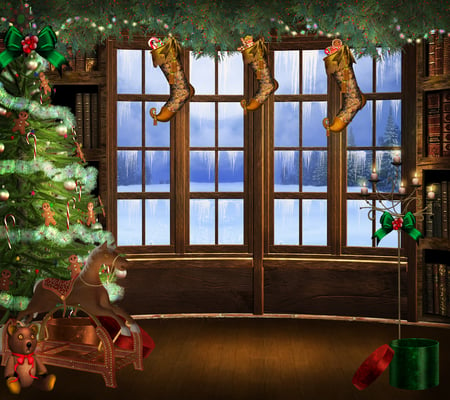 Christmas dream - pretty, window, room, toys, snow, home, holiday, teddy bear, decorations, merry christmas, candles, nice, winter, beautiful, photography, beauty, lovely, cool, architecture, horse, harmony, christmas, fantasy, christmas tree