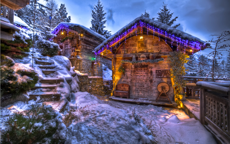 Winter Time - stairs, beauty, cottage, sky, xmas, trees, magic, peaceful, magic christmas, path, amazing, view, pretty, evening, winter time, clouds, holiday, house, tree, houses, way, light, winter, lovely, christmas, nature, merry christmas, blue, snow, beautiful, splendor, lights