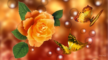 Rose So Yellow - summer, bubbles, rose, gold, glow, firefox persona, flower, bronze, butterflies