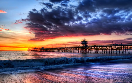 Simply Beautiful - amazing, beach, splendor, sunrise, reflection, sand, view, ocean waves, sky, clouds, beautiful, sea, beauty, colors, lovely, ocean, pier, colorful, nature, sunset, waves, peaceful